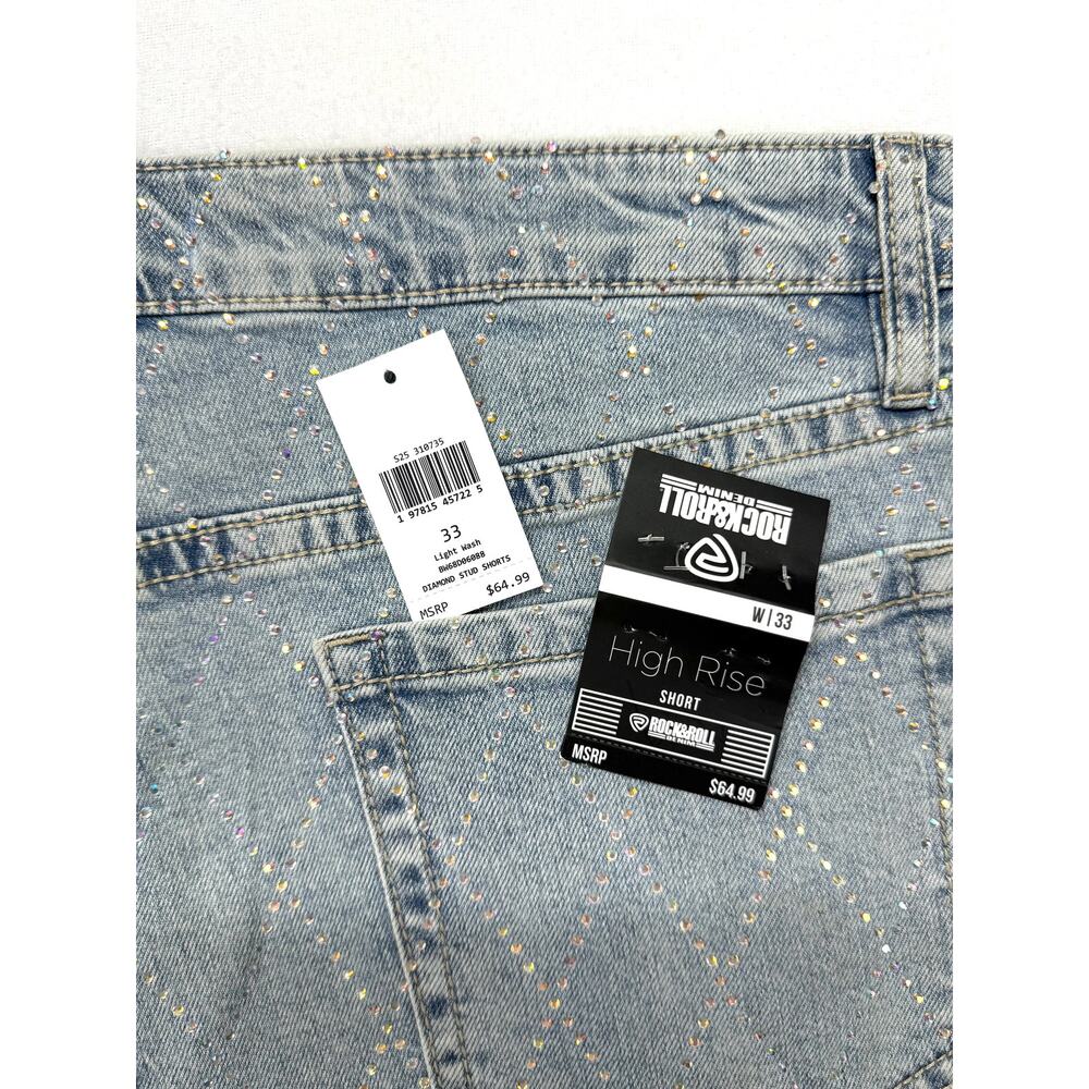 Rock & Roll Denim Diamond Stud Shorts Size 33 Raw Hem Stretch High Rise Sparkle - Picture 4 of 6